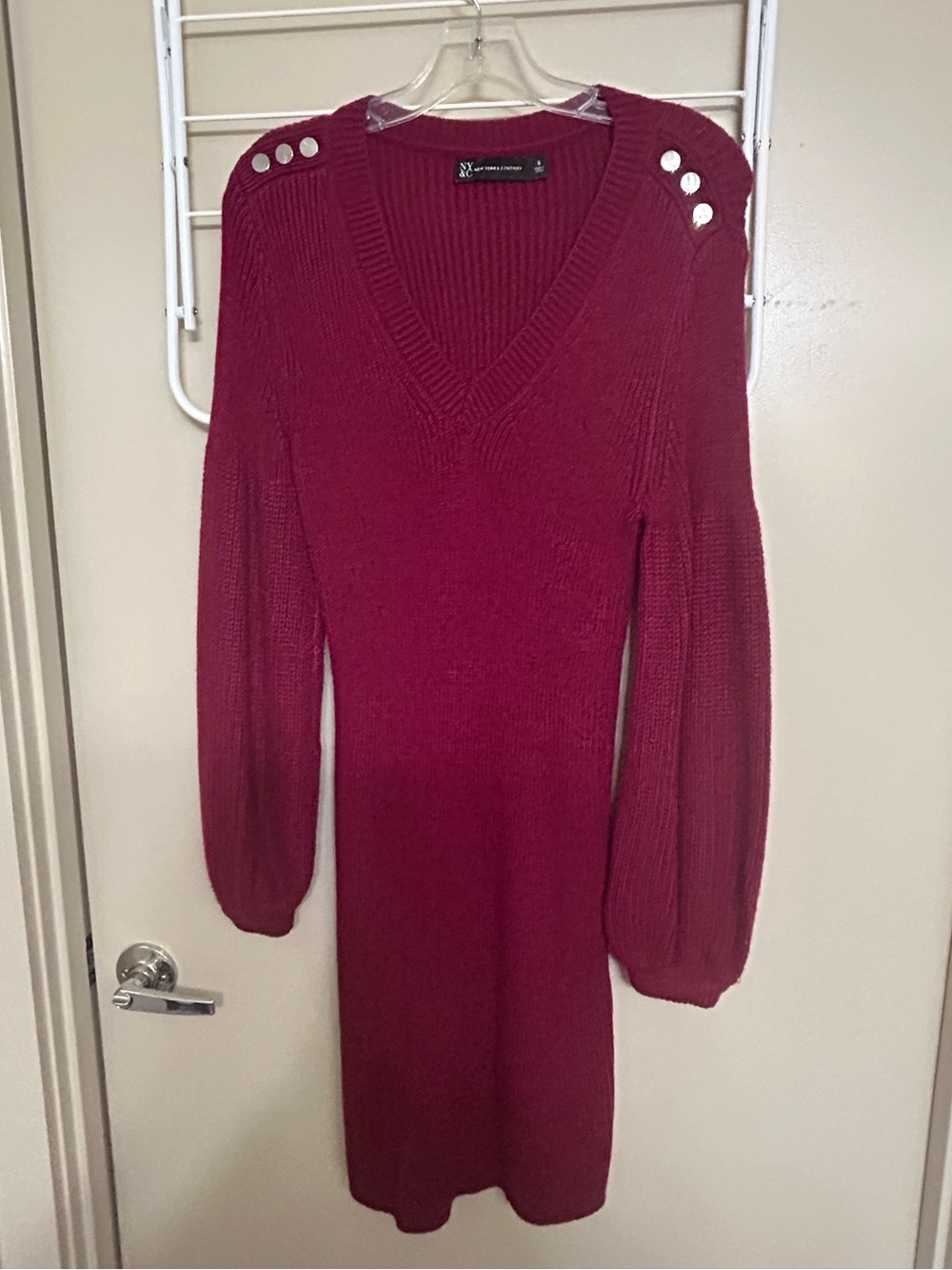 New York and Company Wine Red V-Neck Knit Dress with Shoulder Buttons